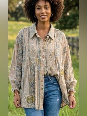 Blue Velvet Boho Patchwork Oversized Blouse Size Medium NWT